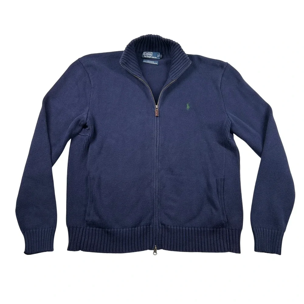 Polo Ralph Lauren Sweater Mens L Mock Full Zip Navy Blue Cotton Knit Preppy Vent